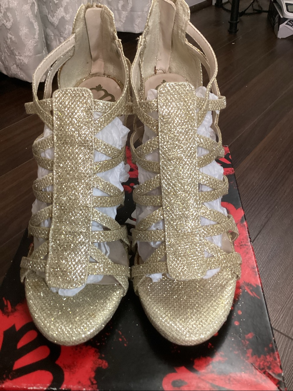 Glitter Strappy Gold Heels for Women